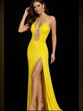 Women's Formal Beaded Gown, size 4, Yellow halter sequins full length prom